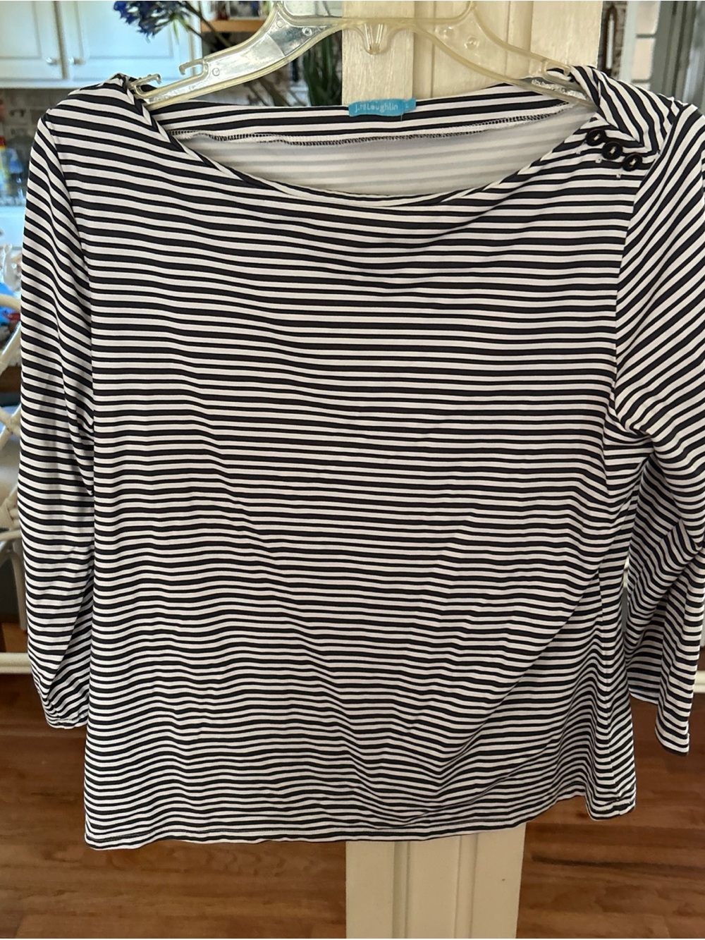 Striped Boatneck Top with Shoulder Buttons - Black & White